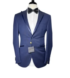 Corneliani Mens Solid Navy Fully-Canvassed Peak Lapel Slim Fit 3-Piece Wool Tuxedo Suit - 38R