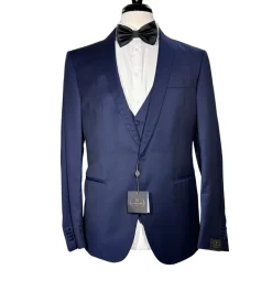 Corneliani Mens Solid Navy Fully-Canvassed Shawl Lapels Slim Fit 3-Piece Wool Tuxedo - 42R