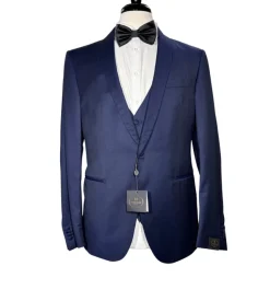 Corneliani Mens Solid Navy Fully-Canvassed Shawl Lapel Slim Fit 3-Piece Wool Tuxedo - 38S