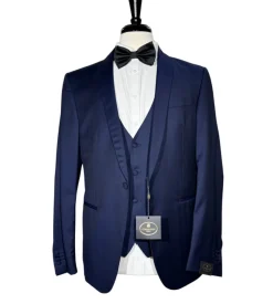 Corneliani Mens Solid Navy Fully-Canvassed Shawl Lapel Slim Fit 3-Piece Wool Tuxedo - 38S