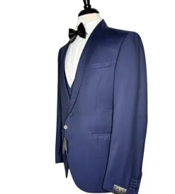 Corneliani Mens Solid Navy Fully-Canvassed Shawl Lapel Slim Fit 3-Piece Wool Tuxedo - 38S