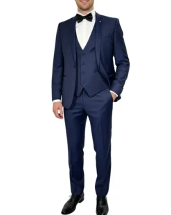 Corneliani Mens Solid Navy Fully-Canvassed Shawl Lapel Slim Fit 3-Piece Wool Tuxedo - 38S