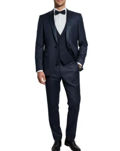 Corneliani Mens Solid Navy Fully-Canvassed Peak Lapel Slim Fit 3-Piece Wool Tuxedo - 42R