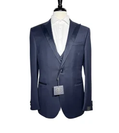 Corneliani Mens Solid Navy Fully-Canvassed Peak Lapel Slim Fit 3-Piece Wool Tuxedo - 42R
