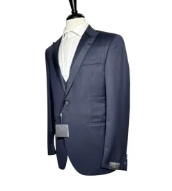 Corneliani Mens Solid Navy Fully-Canvassed Peak Lapel Slim Fit 3-Piece Wool Tuxedo - 42R