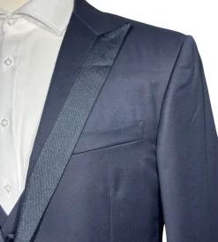 Corneliani Mens Solid Navy Fully-Canvassed Peak Lapel Slim Fit 3-Piece Wool Tuxedo - 42R