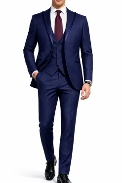 Corneliani Mens Solid Navy Fully-Canvassed Satin Peak Lapel Slim Fit 3-Piece Wool Tuxedo Suit - 40R