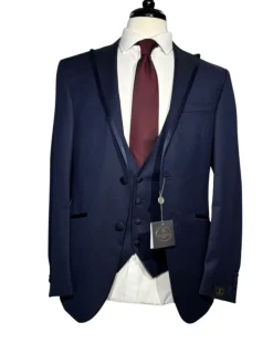 Corneliani Mens Solid Navy Fully-Canvassed Satin Peak Lapel Slim Fit 3-Piece Wool Tuxedo Suit - 40R