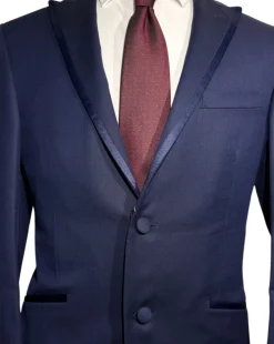 Corneliani Mens Solid Navy Fully-Canvassed Satin Peak Lapel Slim Fit 3-Piece Wool Tuxedo Suit - 40R
