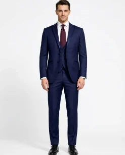 Corneliani Mens Solid Navy Fully-Canvassed Satin Peak Lapel Slim Fit 3-Piece Wool Tuxedo Suit - 40R