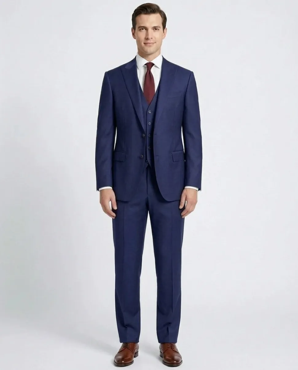 Corneliani Mens Solid Navy Fully-Canvassed Peak Lapels Classic Fit 3-Piece Wool Silk Suit - 44R