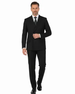 Di'nucci Mens Slim Fit Solid Black Double Breasted Wool Blend Suit