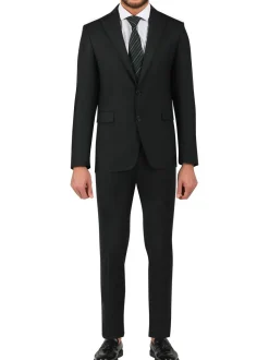 Di'nucci Slim Fit Black Textured Peak Lapel Wool Blend Suit