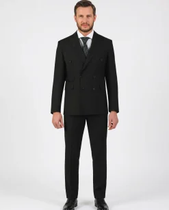Di'nucci Slim Fit Black Textured Double Breasted Wool Blend Suit