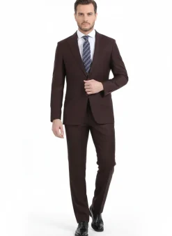 Di'nucci Slim Fit Burgundy Textured Peak Lapel Wool Blend Suit