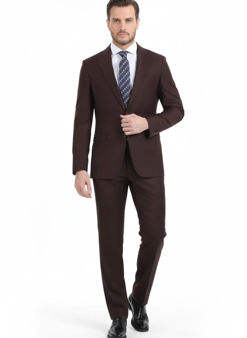 Di'nucci Slim Fit Burgundy Textured Peak Lapel Wool Blend Suit