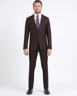Di'nucci Slim Fit Burgundy Textured Peak Lapel Wool Blend Suit