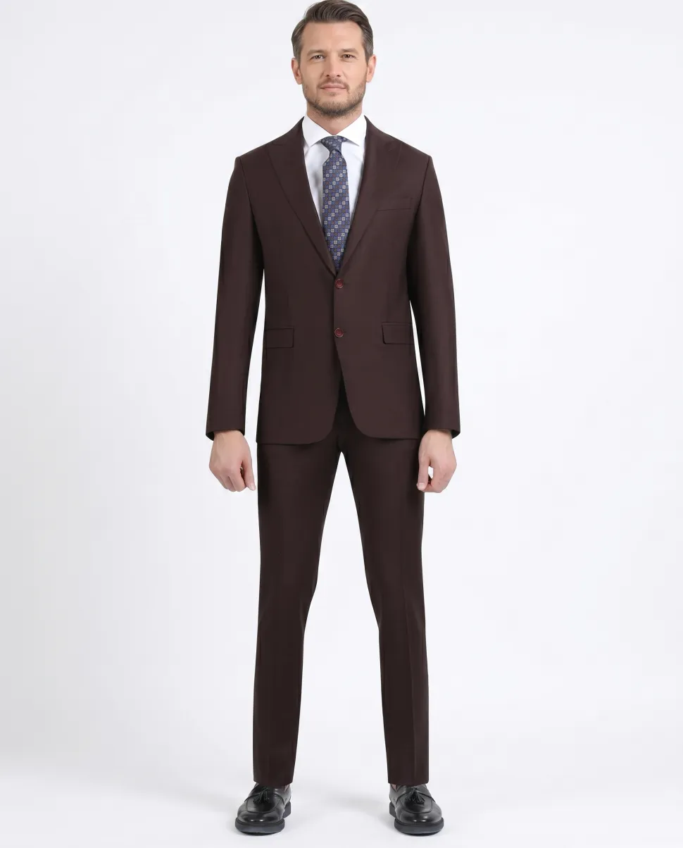 Di'nucci Slim Fit Burgundy Textured Peak Lapel Wool Blend Suit