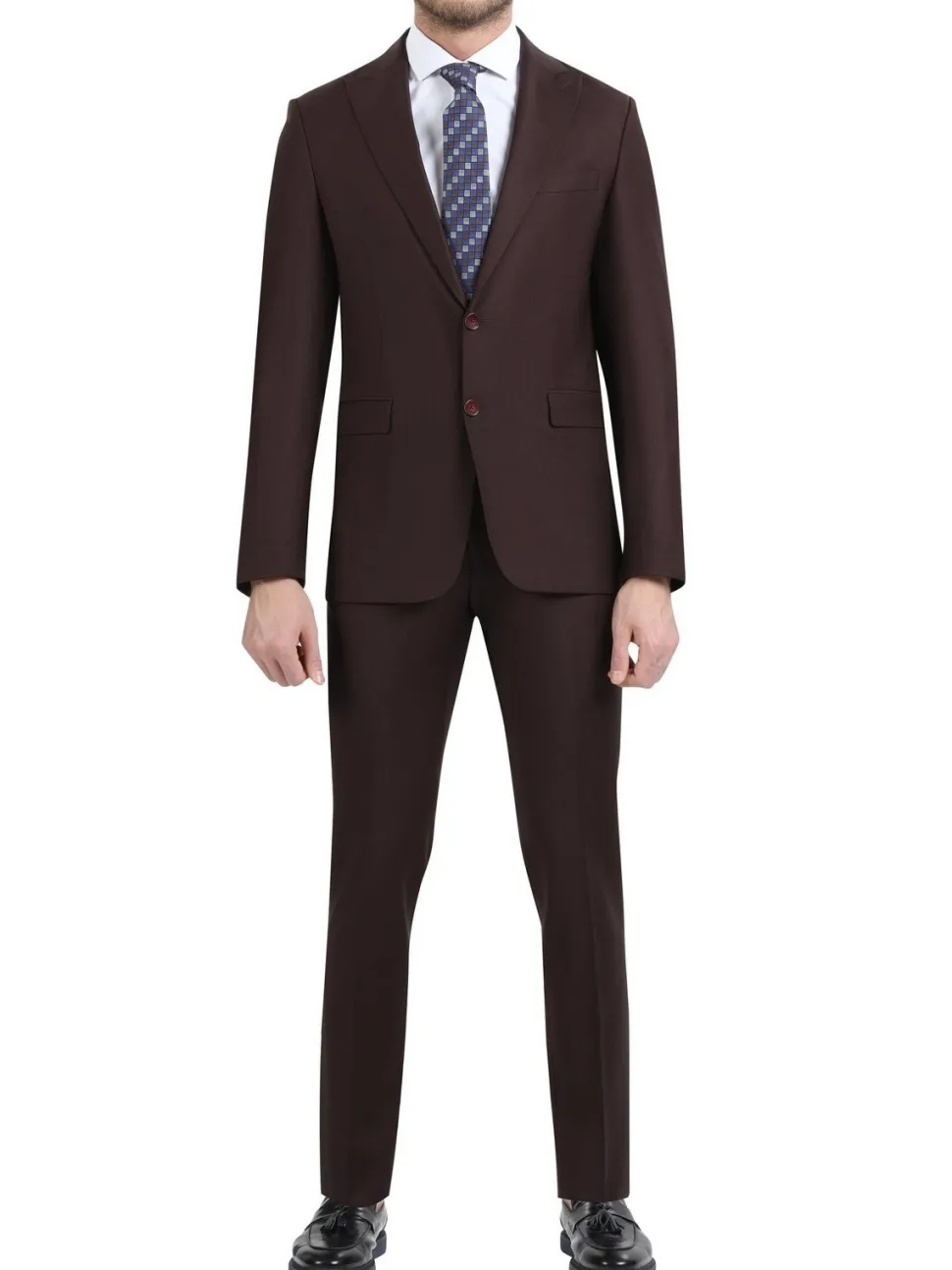 Di'nucci Slim Fit Burgundy Textured Peak Lapel Wool Blend Suit