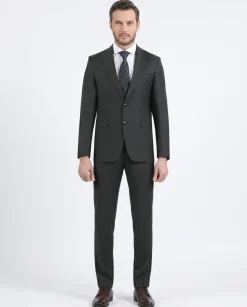 Di'nucci Slim Fit Green Textured Peak Lapel Wool Blend Suit