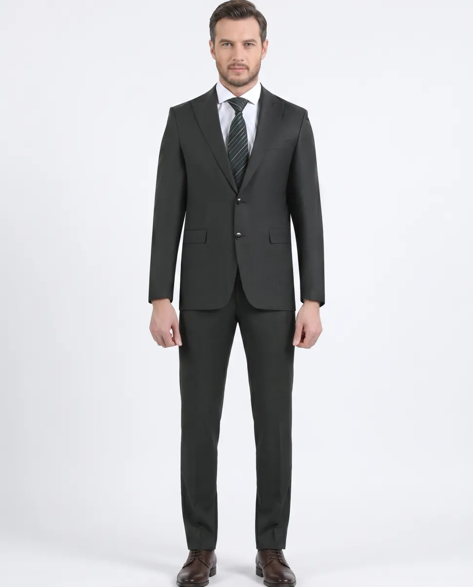 Di'nucci Slim Fit Green Textured Peak Lapel Wool Blend Suit