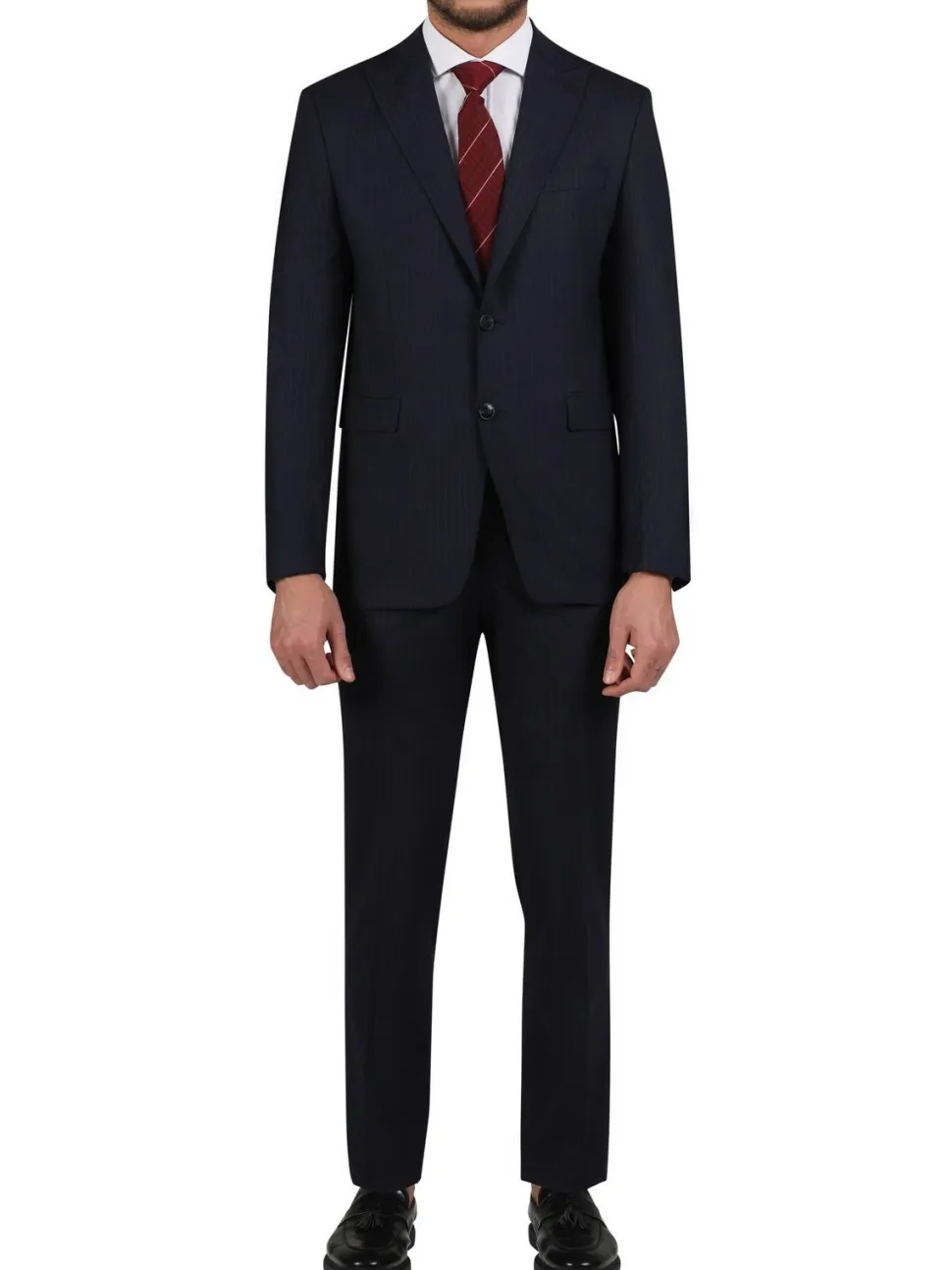 Di'nucci Slim Fit Navy Blue With Blue Stripe Peak Lapel Wool Blend Suit