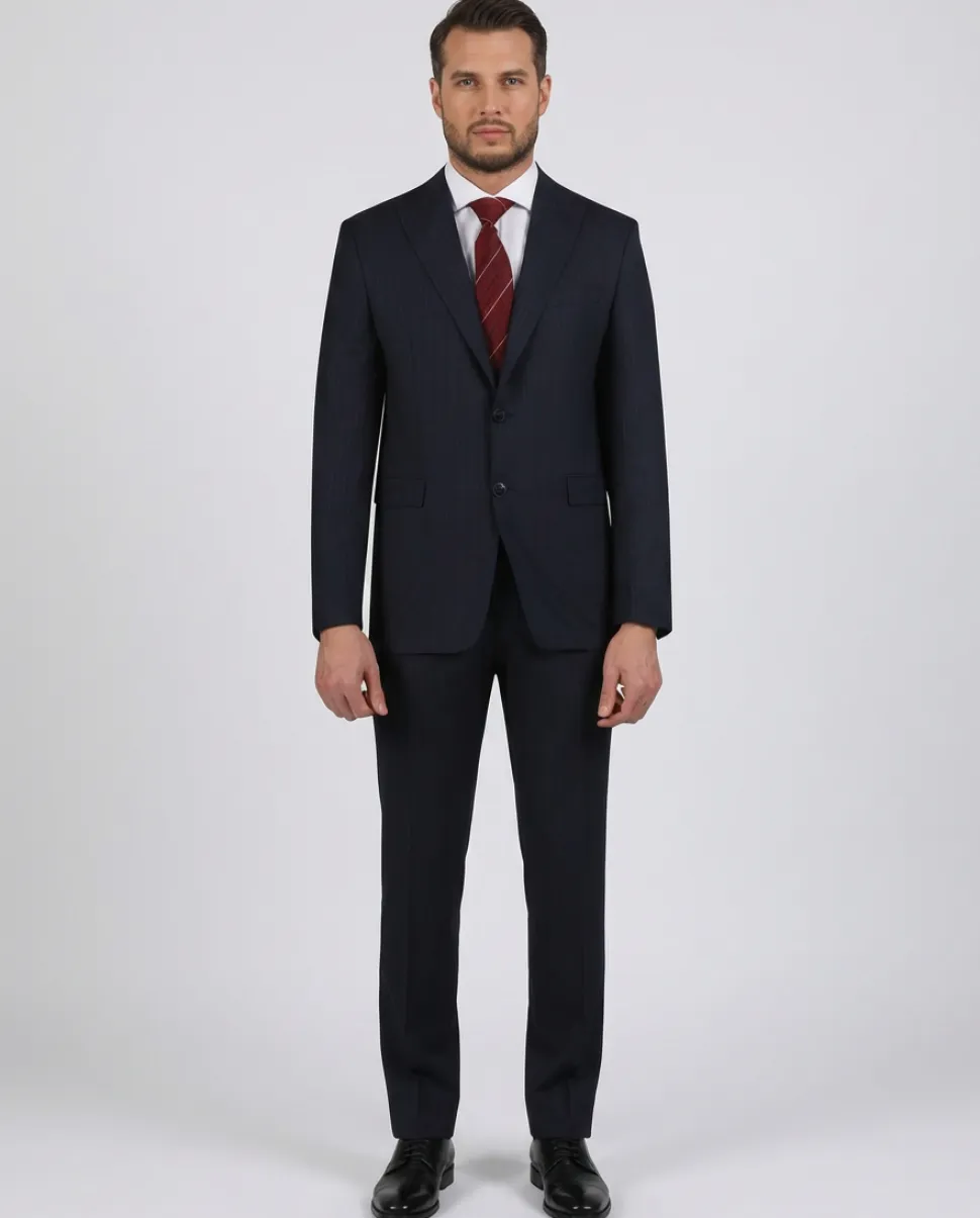 Di'nucci Slim Fit Navy Blue With Blue Stripe Peak Lapel Wool Blend Suit