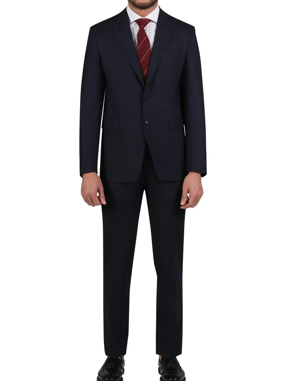 Di'nucci Slim Fit Navy With Burgundy Stripe Peak Lapel Wool Blend Suit