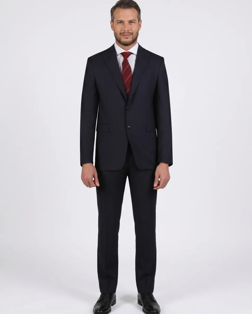 Di'nucci Slim Fit Navy With Burgundy Stripe Peak Lapel Wool Blend Suit