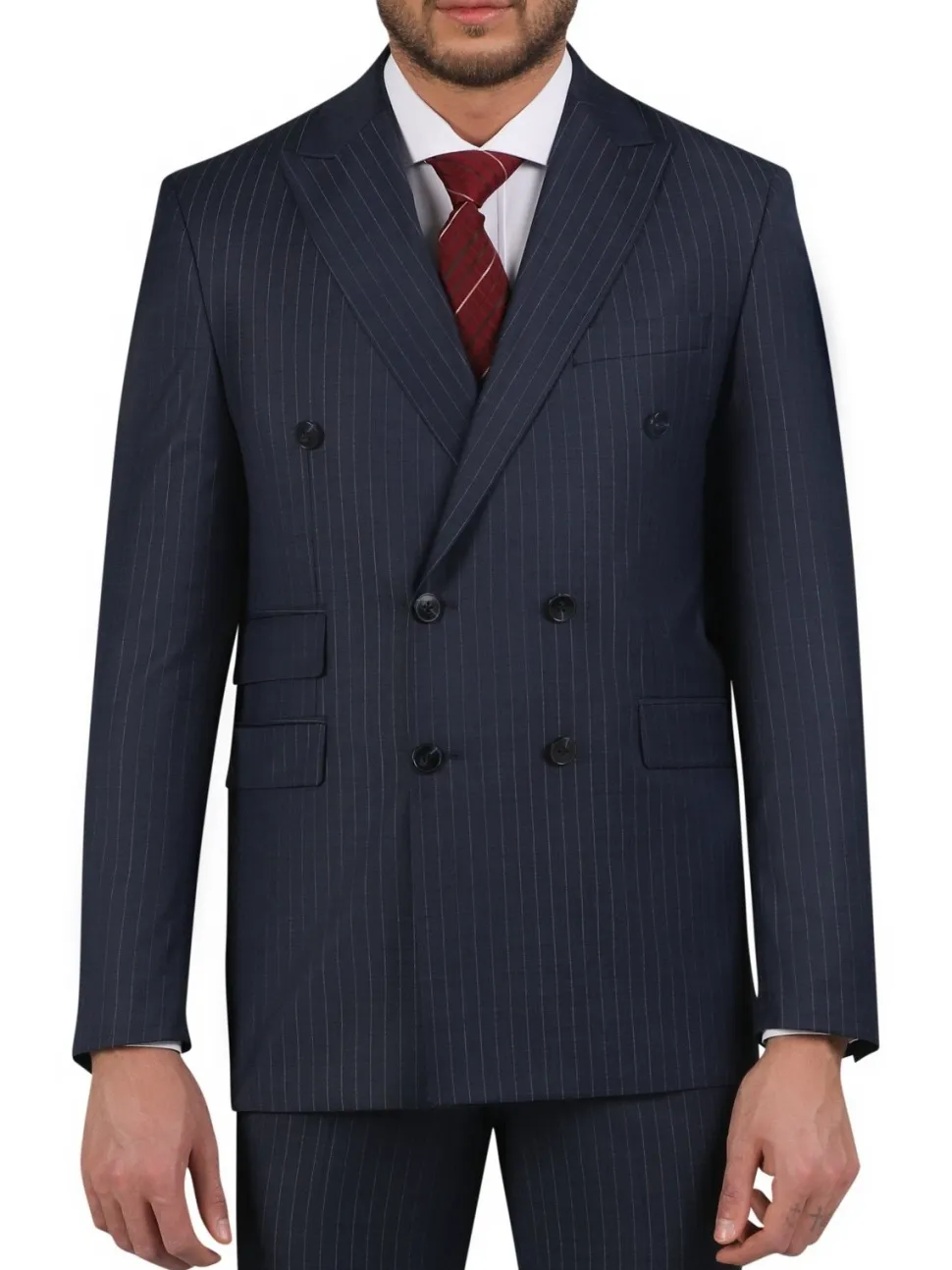 Di'nucci Slim Fit Navy With Purple Pinstripe Double Breasted Peak Lapel Wool Suit