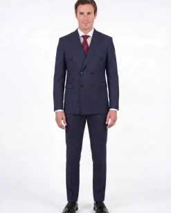 Di'nucci Slim Fit Navy With Purple Pinstripe Double Breasted Peak Lapel Wool Suit