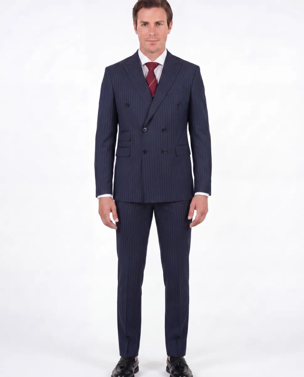 Di'nucci Slim Fit Navy With Purple Pinstripe Double Breasted Peak Lapel Wool Suit