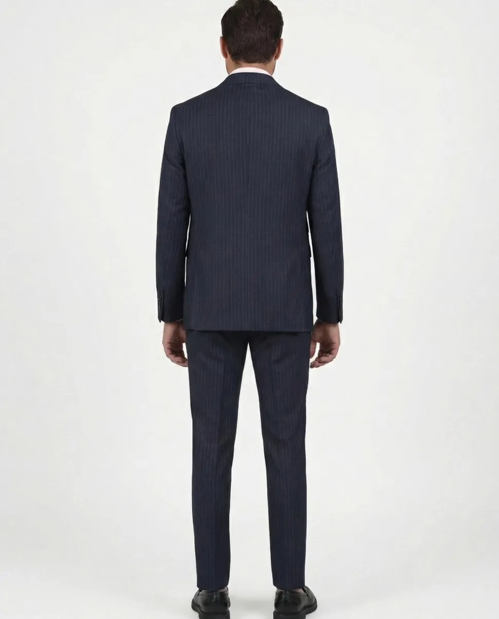 Di'nucci Slim Fit Navy With Purple Pinstripe Double Breasted Peak Lapel Wool Suit