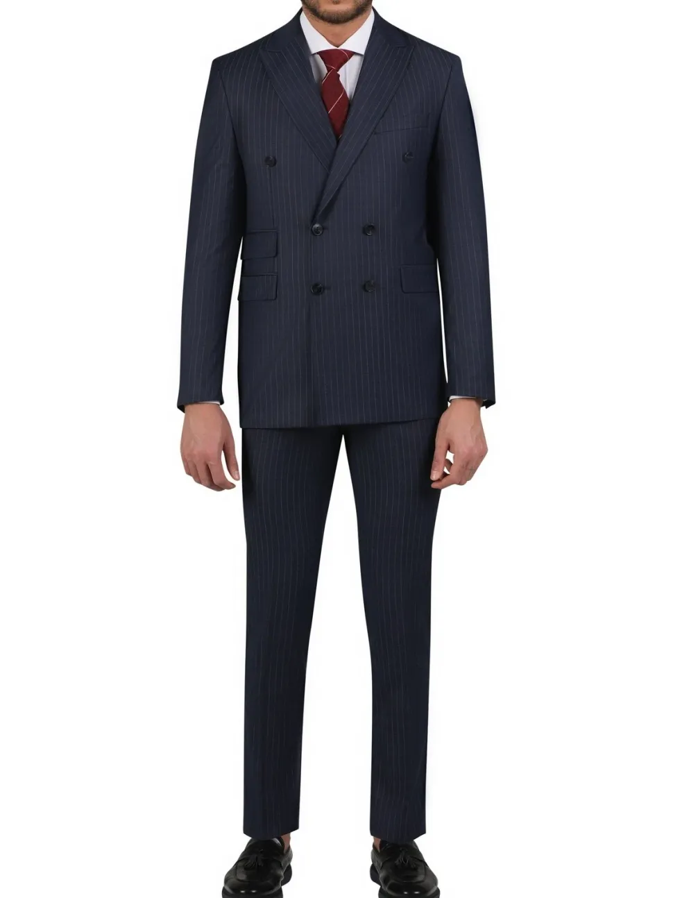 Di'nucci Slim Fit Navy With Purple Pinstripe Double Breasted Peak Lapel Wool Suit