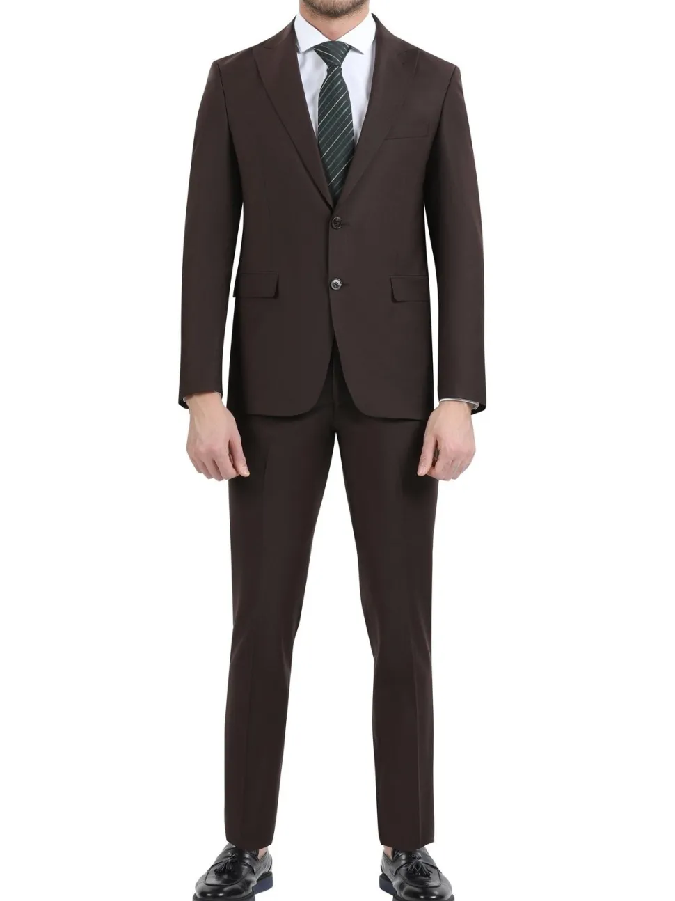 Di'nucci Slim Fit Solid Chocolate Brown Peak Lapel Wool Blend Suit
