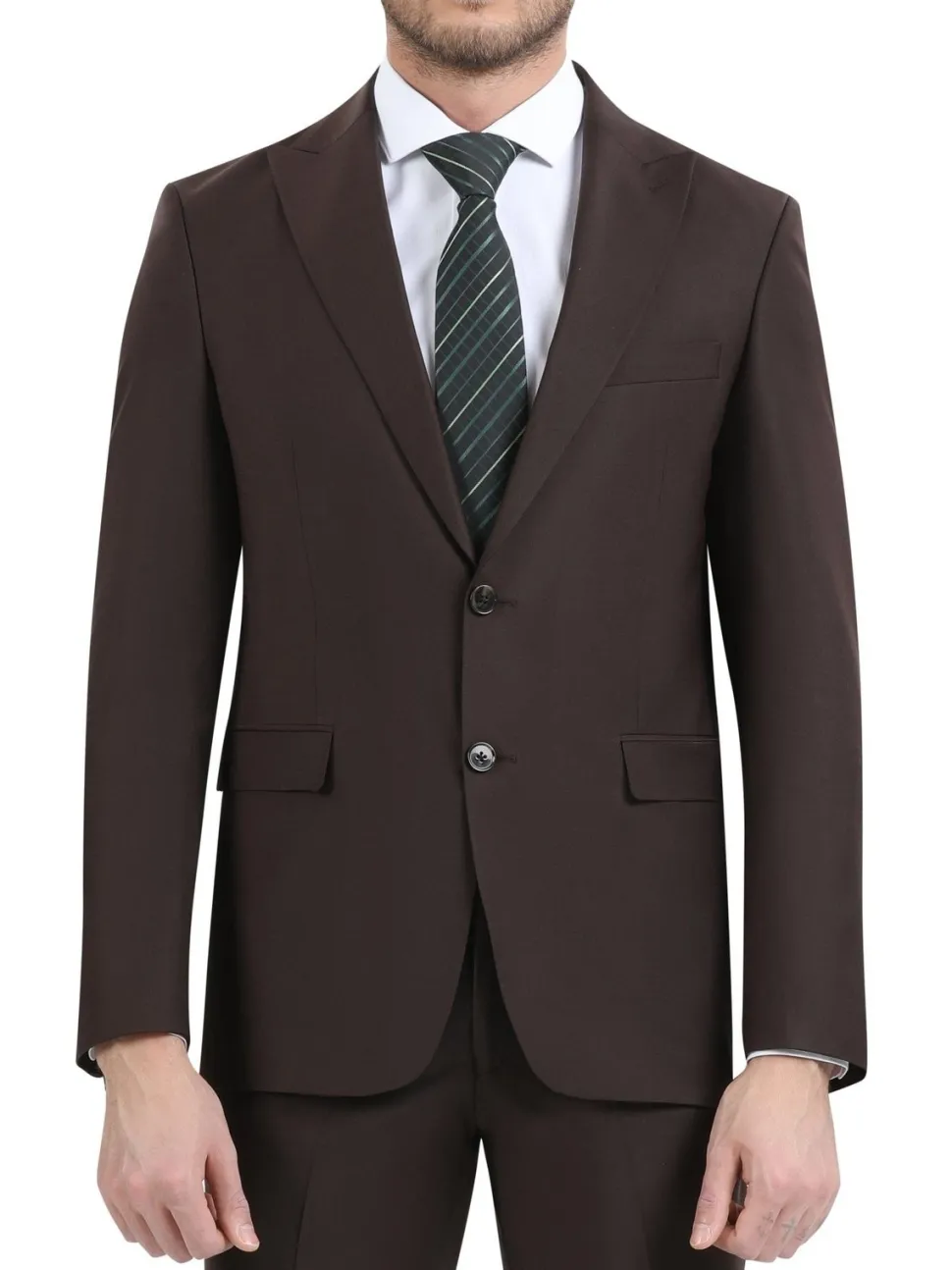 Di'nucci Slim Fit Solid Chocolate Brown Peak Lapel Wool Blend Suit