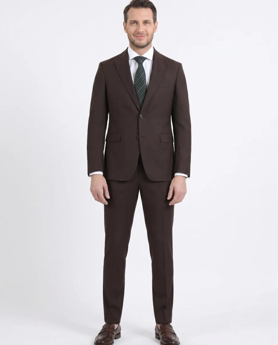 Di'nucci Slim Fit Solid Chocolate Brown Peak Lapel Wool Blend Suit
