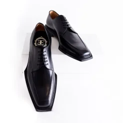 Emeraldi Mens Black Square Toe Lace-up Oxford Calfskin Leather Italian Dress Shoes