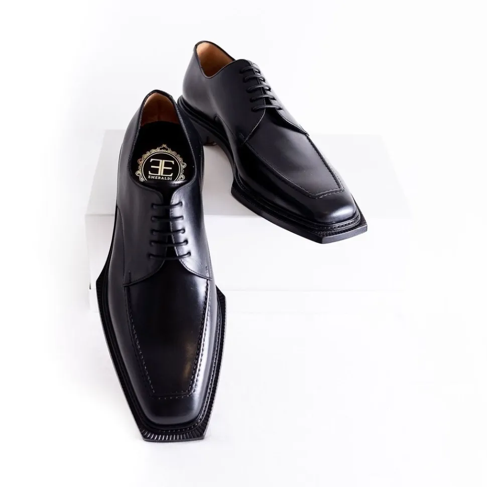 Emeraldi Mens Black Square Toe Lace-up Oxford Calfskin Leather Italian Dress Shoes