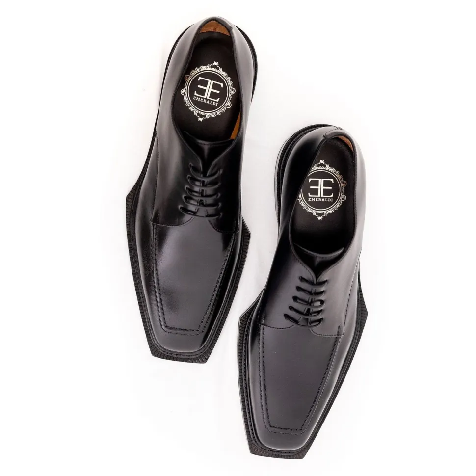 Emeraldi Mens Black Square Toe Lace-up Oxford Calfskin Leather Italian Dress Shoes