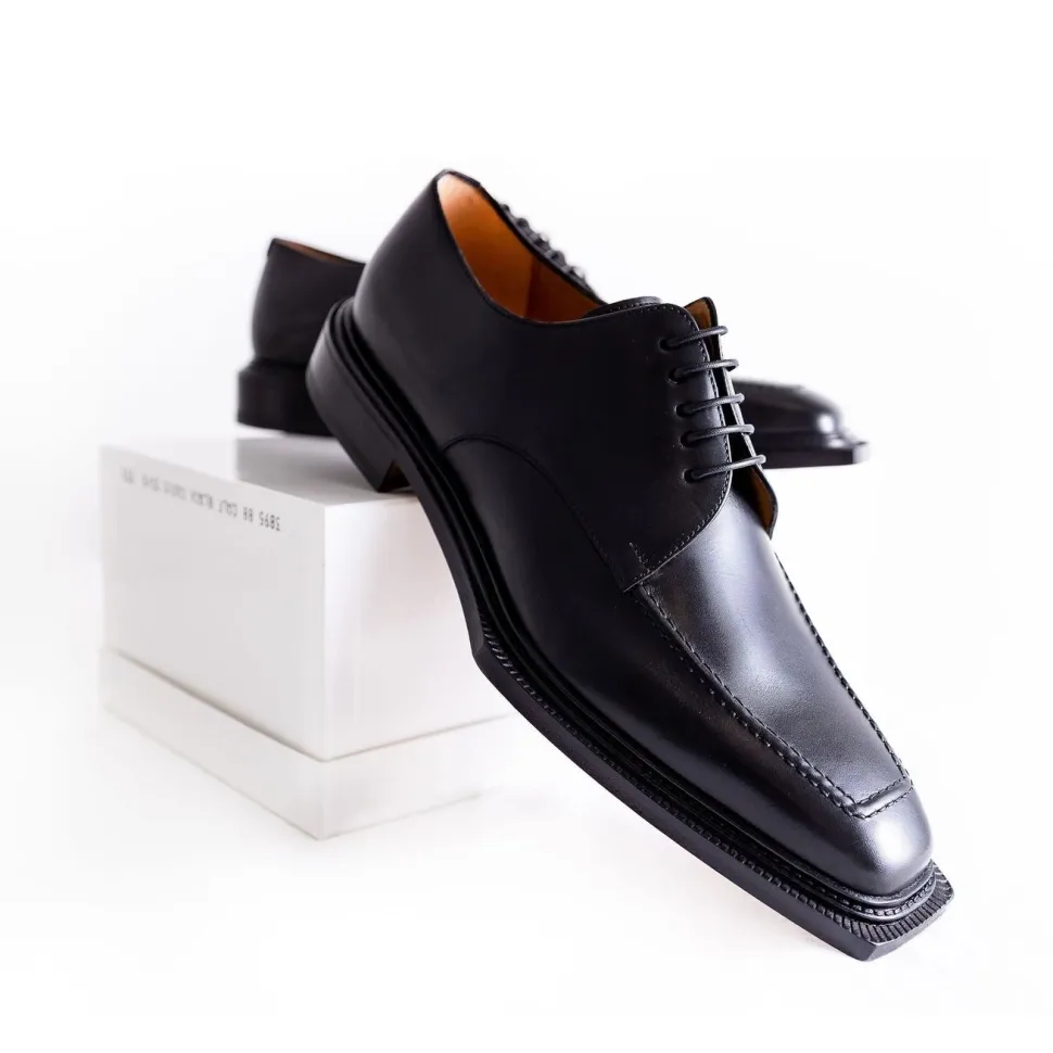 Emeraldi Mens Black Square Toe Lace-up Oxford Calfskin Leather Italian Dress Shoes