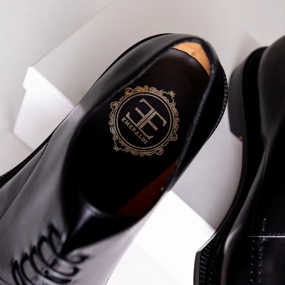 Emeraldi Mens Black Square Toe Lace-up Oxford Calfskin Leather Italian Dress Shoes