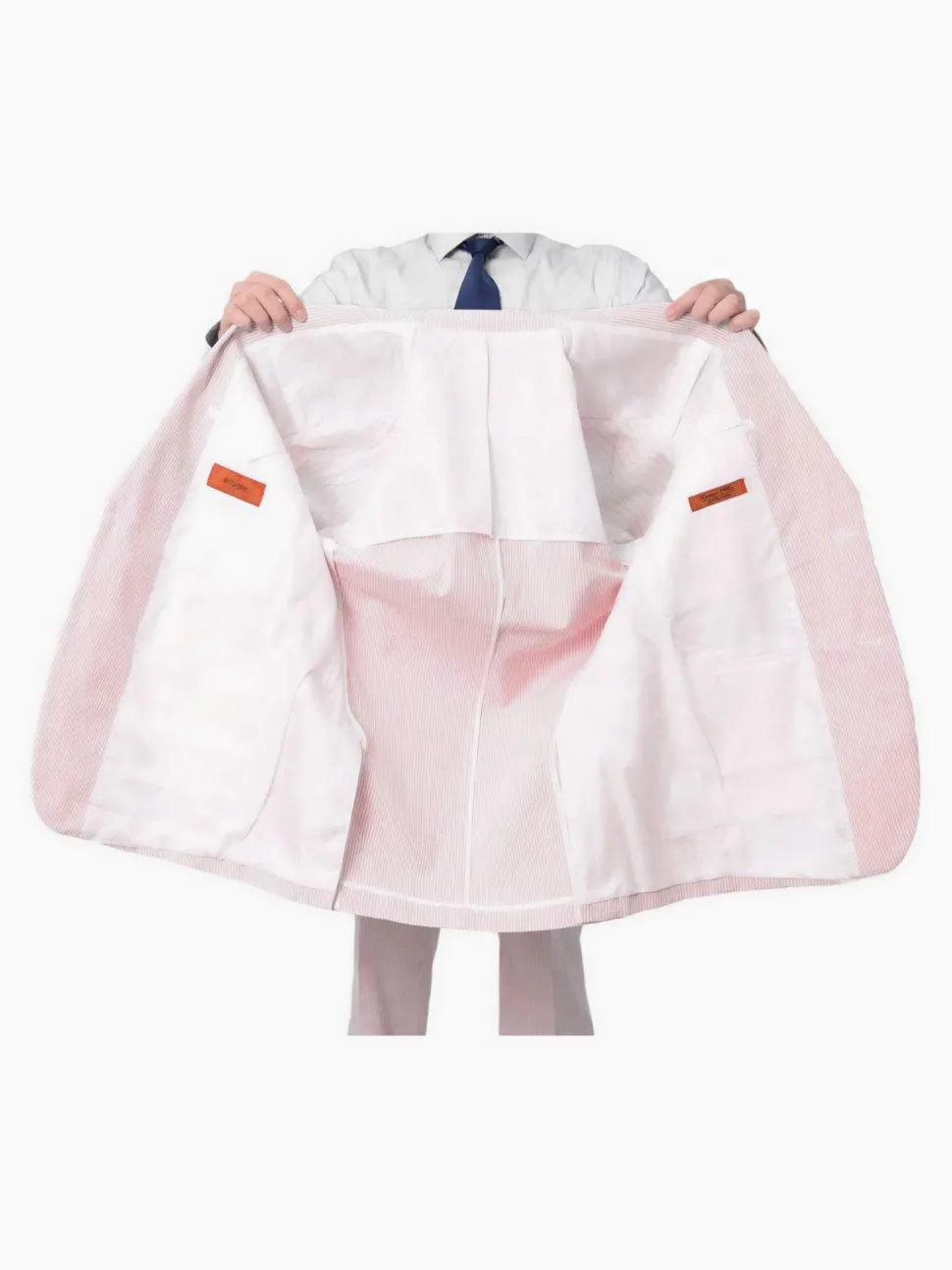 Emigre Classic Fit Pink Striped Two Button Cotton Seersucker Blazer Sportcoat