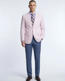 Emigre Classic Fit Pink Striped Two Button Cotton Seersucker Blazer Sportcoat