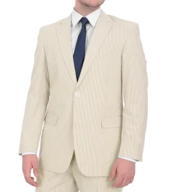 Emigre Classic Fit Tan Striped Two Button Cotton Seersucker Suit
