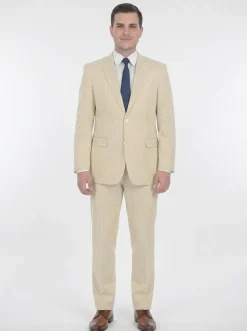 Emigre Classic Fit Tan Striped Two Button Cotton Seersucker Suit