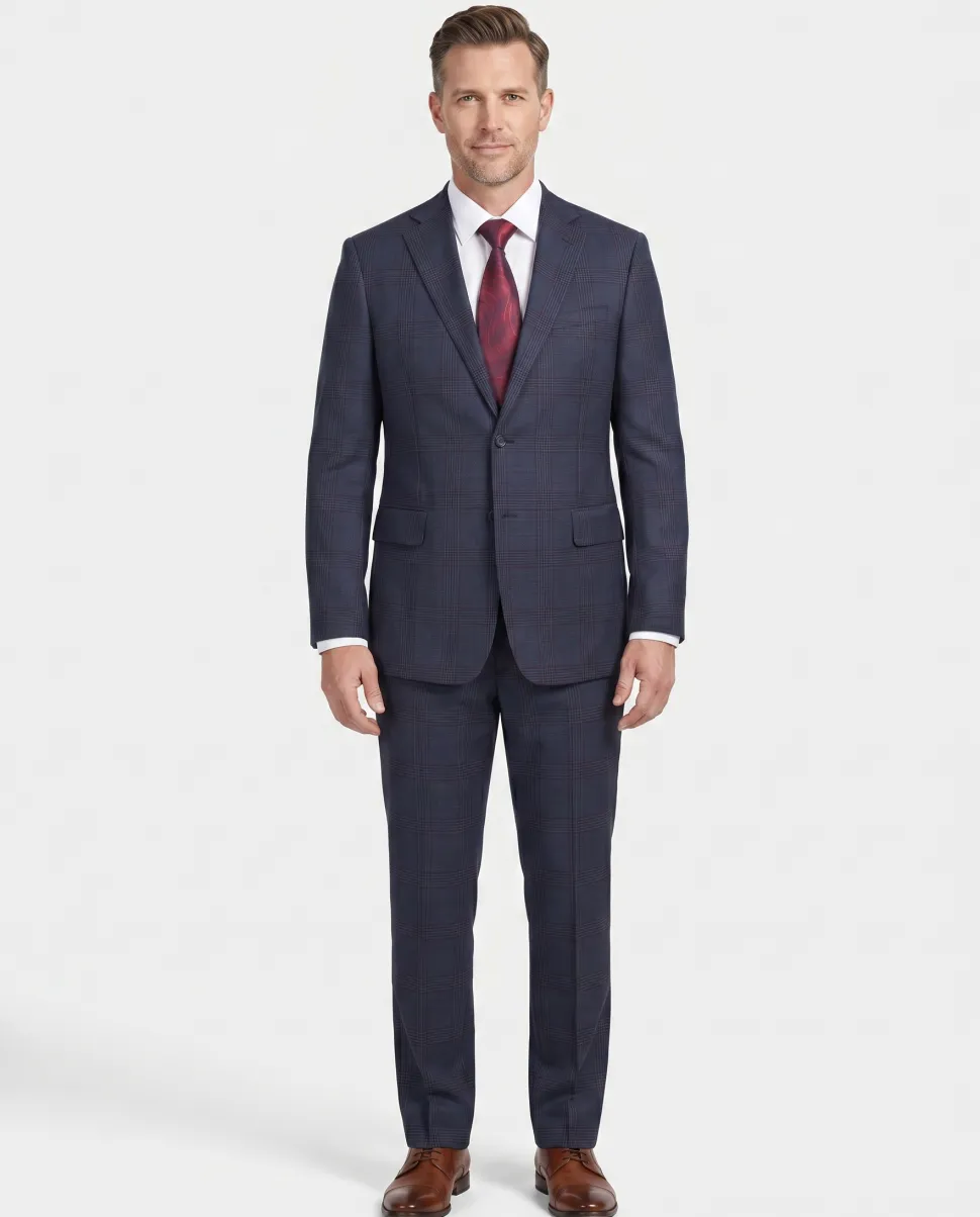 English Laundry Blue & Burgundy Houndstooth Plaid Slim Fit Notch Lapel Two button Stretch Suit