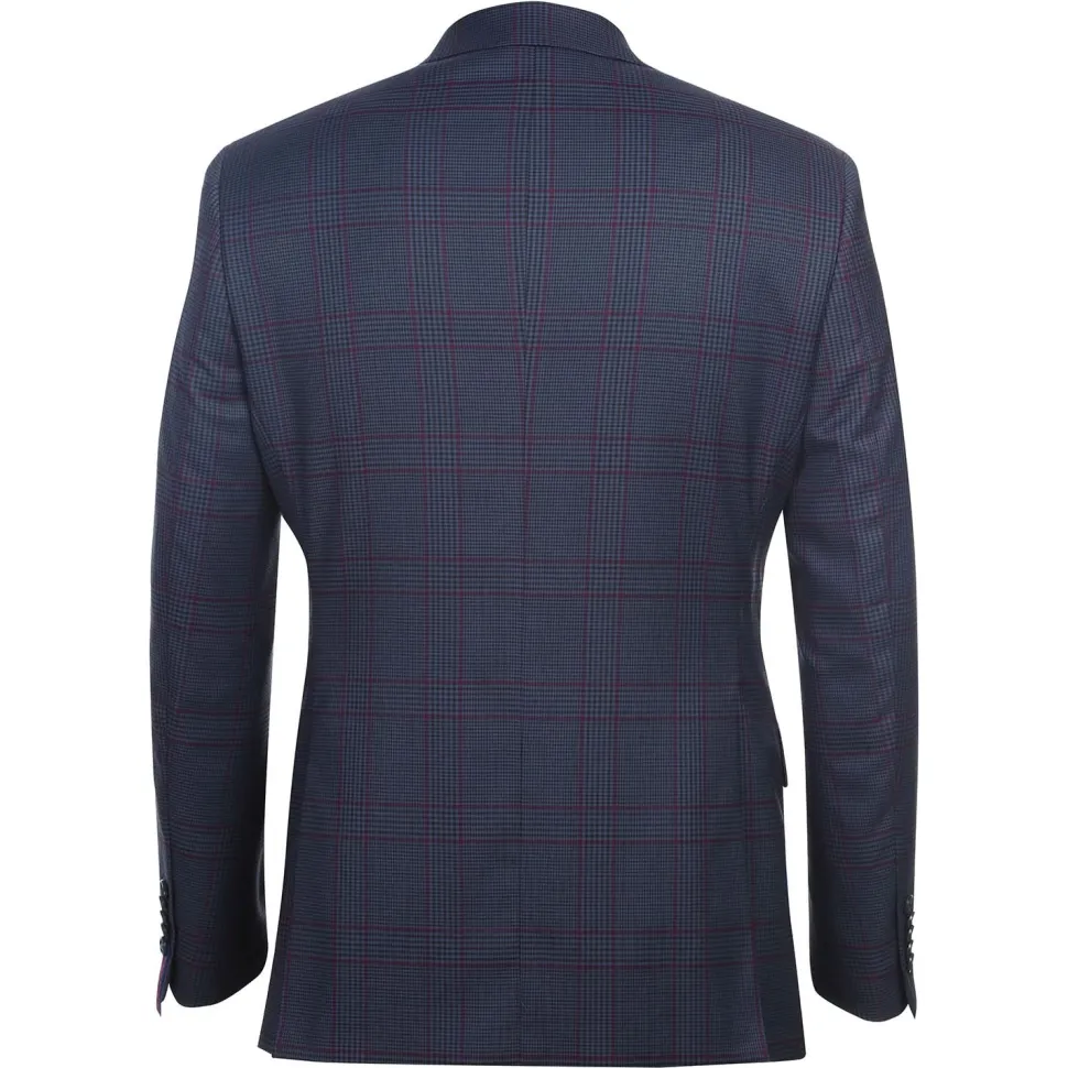 English Laundry Blue & Burgundy Houndstooth Plaid Slim Fit Notch Lapel Two button Stretch Suit