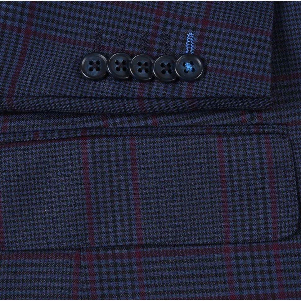 English Laundry Blue & Burgundy Houndstooth Plaid Slim Fit Notch Lapel Two button Stretch Suit