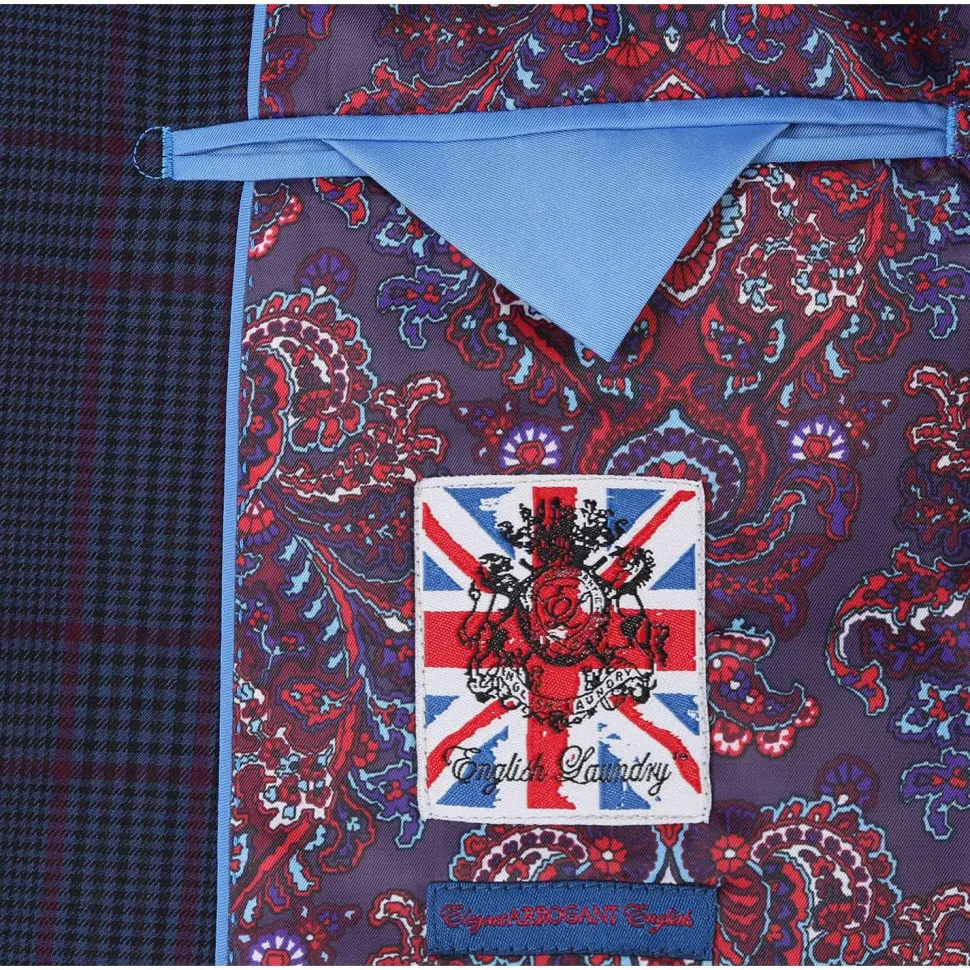 English Laundry Blue & Burgundy Houndstooth Plaid Slim Fit Notch Lapel Two button Stretch Suit